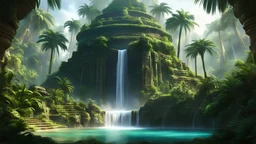 ultra-fine digital painting of a Shape-shifting entity adapting to environments in a Jungle planet with levitating flora palms waterfall and temple aztec, cyberpunkai, super detail, ultra-realism, Volumetric lighting