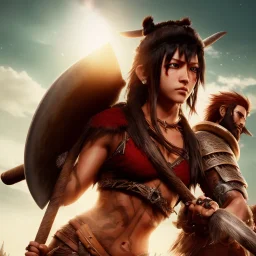 Barbarian anime character carrying a battle axe, animal hide armor, physically fit, tribal tattoos, scars, washboard abs, red facepaint, green hair, dark eyeshadow, intricate eyeliner, soft round eyes, beads in hair, 8k resolution, cinematic smooth, intricate details, vibrant colors, realistic details, masterpiece, oil on canvas, smokey background