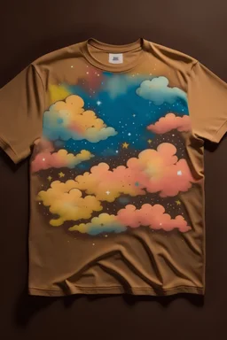 A light brown T-shirt printed with clouds, colorful stars, and phosphorescent spray spots