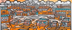 A light rosy orange colored underground village with a mining factory painted by Keith Haring