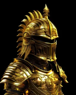 Gold metal sword themed armor black trim, glowing gold eyes, the helmet is fully covered, the helmet lion themed