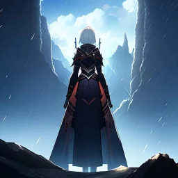 edge of a cliff, anime, fear, storm in the background,girl standing at the edge of a cliff, view from far away