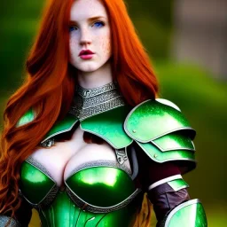 hyper realist, hyper detailed, stunningly beautiful teen girl, long ginger hair, green eyes, medium freckles, full lips, skimpy fantasy intricate leather armour, full body and head, c-cup breasts, aroused expression, biting lower lip, full frame, petite, centered camera, Sung hi lee