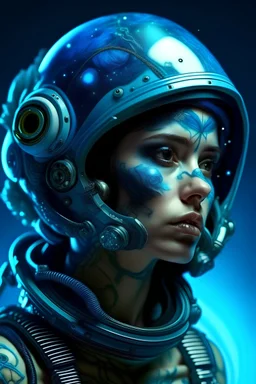 beautifull sad woman sugar skull la catrina de los muertos, astronaut drifting in space suit with helmet, galaxy, pilot, pretty eyes, big wings, photography, soft light, volumetric lighting, ultra-detailed photography, blue background, Perfect anatomy, super high resolution + UHD + HDR + highly detailed, hyperrealistic, dynamic lighting, fantasy art , green and yellow colors, stars