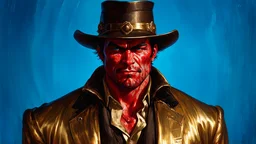 layered texture, burnished gold, blood red, polished azure background, a Frank Frazetta style thug in the foreground