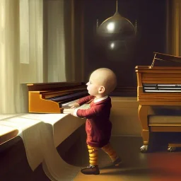 A full picture of a little man with a round head wearing big plateau shoes playing the piano