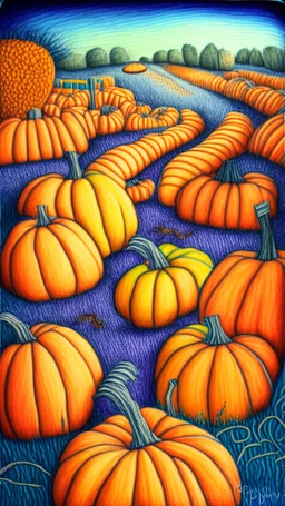 pencil drawing with colored pencils of a pumpkin patch, colorful