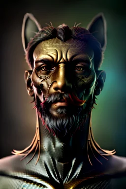 portrait photography of an ethereal beautiful animal god, Fire theme art, Dark moody night atmosphere, Portrait of a man by Michelangelo, 8K, close-up face, anatomically perfect face, ignore NSFW,cat,magic,city, steampunk, brutal native american chief ,apocalypse, set , dark sorrow,