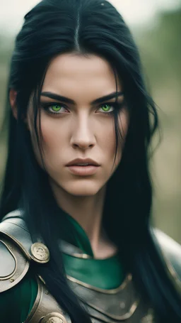 GORGEOUS female warrior, black hair, gorgeous green eyes, cinematic, hyper realistic, shot with kodak gold 400