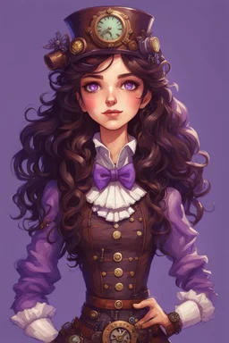 Nutcracker, A girl with long, wavy dark brown hair, purple eyes, dressed in steampunk clothes, stardew, valley style