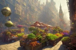 A greengrocer in colorful varanasi street+Gothic city+BioShock+Dishonored+Bloodborne +trieste+Edinburgh+Chicago+victorian London+decòpunk Skyscraper+ +steampunk+biopunk+alphonse mucha, greg rutkowski,matte painting, cryengine, hyper detailed, felix kelly, fantasy art, seb mckinnon