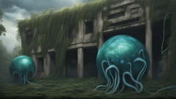 floating alien balls with jellyfish tentacles, rampant foliage, and vines, next to a derelict alien building, photorealistic, surreal Detail