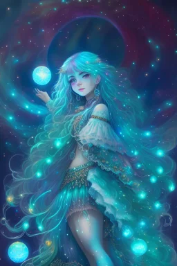 A beautiful girl with glowing starry eyes. And with turquoise hair decorated. And full body. Holds 10 glowing glass beads with a moon inside