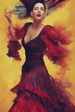 A lively portrait of a flamenco dancer, passionately performing in a vibrant, flowing dress, with the rhythm of castanets and the strumming of Spanish guitars in the air.