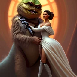 A film still of kim kardashian as princess leigha cuddling jabba the hut in star wars, highly detailed, digital painting, artstation, concept art, sharp focus, illustration, cinematic lighting, art by artgerm and greg rutkowski and alphonse mucha diffuse lighting, fantasy, intricate, elegant, highly detailed, lifelike, photorealistic, digital painting, artstation, illustration, concept art, smooth, sharp focus, art by John Collier and Albert Aublet and Krenz Cushart and Artem Demura and Alphonse