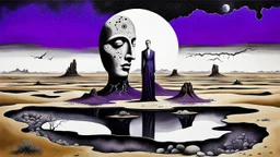 inner world with uncontrolled mind and soul, in midle a big portrait statue stands on little floating island over deep Sahara, around surreal cracked painted weird land with some black doors. dark purple, gray, black, white, brown. Whimsical style of Chagall , of Minjae Lee and René Magritte, lonely face with absurd beauty. broken, weird bizarre absurd nightmare, labirynth, dark vision, neuron network background, surreal vibe