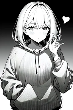 girl dressed in a loose sweatshirt and with one hand on heart, line arts, greyscale