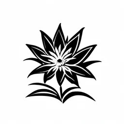 A simple black logo of an edelweiss on top of a moutain, vectorized, white background