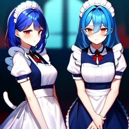 Clear focus, 8k, cat girl, high quality, detailed, blue hair, red eyes, beautiful lighting, vibrant colors, nervous, maid