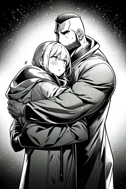 man in raincoat hugs girl, line arts, greyscale