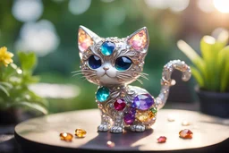 Coloured glass cute chibi cat in the garden set with gemstones, glittering metal stems and gemstone leaves on a room table sharp focus elegant extremely detailed intricate very attractive beautiful dynamic lighting fantastic view crisp quality exquisite detail gems and jewels S<AI in sunshine Weight:1 Professional photography, bokeh, natural lighting, canon lens, shot on dslr 64 megapixels sharp focus Weight:0.9