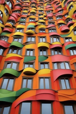 A crazy surreal building with flying fishes by artist "Sandy Skoglund",by artist "Hundertwasser",by artist "Victor Enrich"