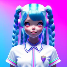 blue hair woman, pigtails, smile, purpurin, school dress, white shirt, ribbon, gradient color, BLUE, PINK, CYAN, neon, insanely detailed, 16k resolution, perfect eyes, cinematic smooth, intricate detail