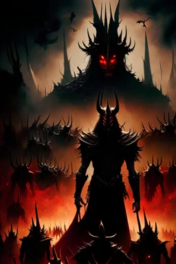 Sauron, the lord of darkness, with the devil and his army, in the land of destruction