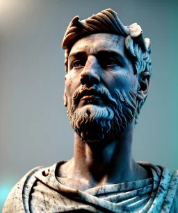 Ultra Realistic image, roman sculpture, marble deluxe material, Lionel Messi, Roman Laurel crown, miguel angel style, chisel style, emperador, waist up portrait, cinematic lighting, God light, god rays, 4k resolution, smooth details, ornate details, soft lighting, unreal engine 5, sky background.