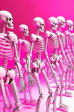 ‘Pink and White Metal Skeleton Army' depicts two very long rows of Pink and White Skeleton Soldiers Marching in Lockstep toward the viewer; Retrofuturism, Pop Art; constructivism