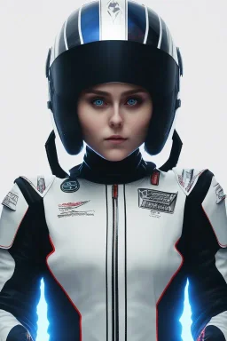 Black racing suit AnnaSophia Robb, portrait, bright white eyes, wearing high tech racing helmet, white smoke, dark, rage, sorrow, high definition, ultra 8 k, volumetric lighting, blue fire, fog