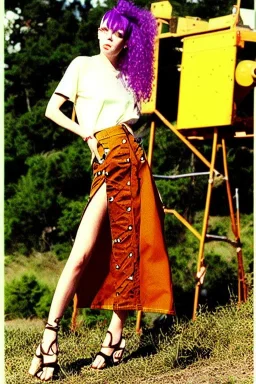 year 1996 denim fashion. Loose skirt, low waist. Combat pants and t-shirt. Colors: denim blue, blue, purple, cream, khaki, light green, lilac, plum, orange, terracotta, red, light yellow, pink, dark blue, beige. Latex in small part. Cheetah pattern. Gwen Stephani, Shirley Manson.Cargo pants