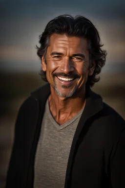 Portrait of a 50 year old Olive skinned handsome male with dark salt and pepper hair and a goatee beard, smiling