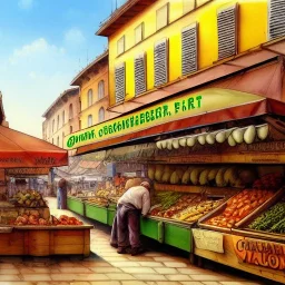 Fishmonger and Greengrocer in Italian city,Citymarket,sunny day, Jean Baptiste Monge,strong lines,high contrast vibrant colors,highly detailed,croquis color illustration,matte painting