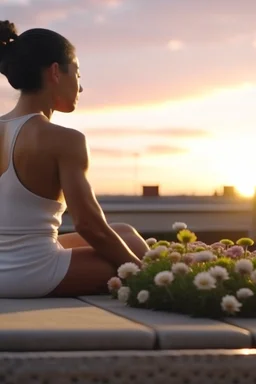 close up of woman doing yoga on the roof of a buss with flowers, 4k, downlight, soft light, depth of field, photorealism