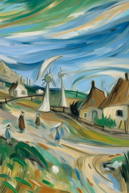 A white breezy village with windmills painted by Edvard Munch