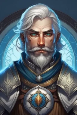 Please create an image for a 30-year old half-aasimar male with silver hair and a short, square beard and blue eyes. He is a cleric of Selune, whose symbol should be placed on the cleric's shield, if visible in the image. The cleric should be wearing chain mail, and carrying a warhammer or a mace and a shield