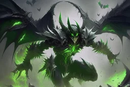 demonio de armadura verde y negro y alas negras descendiendo en picada