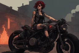 scarred cyberpunk vampire girl with tribal tattoos short curly cyberpunk hair riding a black cafe racer motorcycle in a post apocalyptic wasteland on fire