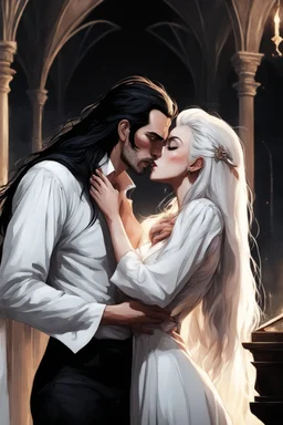 Strahd Von Zarovich being kissed by a beautiful woman with white hair, wearing an off the shoulder dress. Settling and background are a lavish toomb with an ebony coffin.