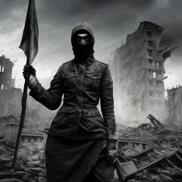 women, faces covered in black masks, ragged clothes, holding flag, war-torn, destroyed city in the background, 8k resolution, hyperrealistic, detailed matte painting, b&w, dynamic lighting, war, anarchy, terrorists