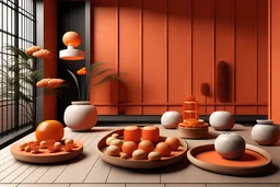 Imagen realista, como fotografía de sushi de aspecto moderno, puede que de apariencia un poco zen (aunque prima la modernidad) con decoraciones japonesas tradicionales con una paleta de colores no muy saturada pero que incluye algo de naranja