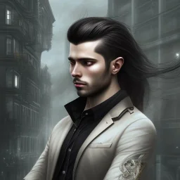 Male, Human, dark long hair, Black Eyes, Young, Hyperrealism, Full Body Shot, City Background, sharp focus, dark, black, steampunk