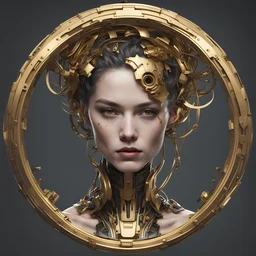 create me a thin round laurel golden portrait rim. not real laurels. but mechanical cyberpunk laurels. without the head.
