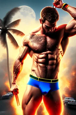 Ignore NSFW, teenager young rugged attractive slightly muscular fantastic handsome man, red briefs with yellow belt, hairy chest, (((visibly pisssing))) briefs, large erect visible boner peniss, photorealistic, artist Jay Anacleto, soft lighting, scruffy beard