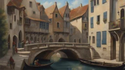 medieval buildings with balconies overhanging a canal, blue sky and people, photorealism, trees, piers, fantastical, intricate detail, people, ultra-sharp image