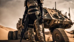 beautiful sexy caucasian female soldier, black metal body and limbs, visible cybernetic limbs, scratched sand camo, no armor, short brunette wavy bob haircut, dystopian, desert scene