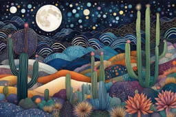 random color Zentangle patterns in the styles of Gustav Klimt ,Wassily Kandinsky, Paul Klee, and Kay Nielsen that depicts a moonlit desert cactus forest with fine ink outlining