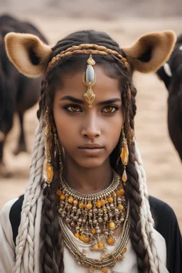 egypt girl with long braids and citrine eyes wearing in cow jewlery