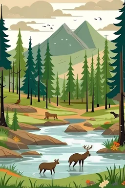 bosque con pinos, osos, venados, un rio y lluvia